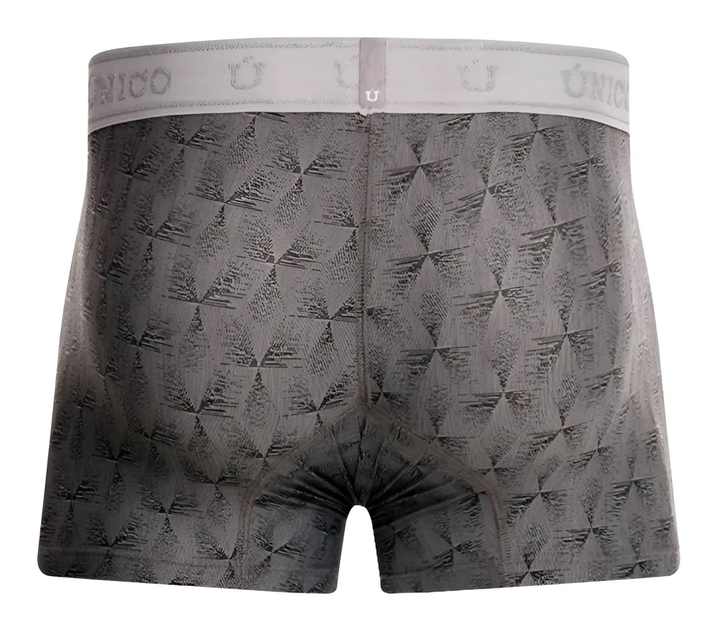 Gray unico boxer briefs with subtle geometric pattern and branded elastic waistband in color 59-gray front view