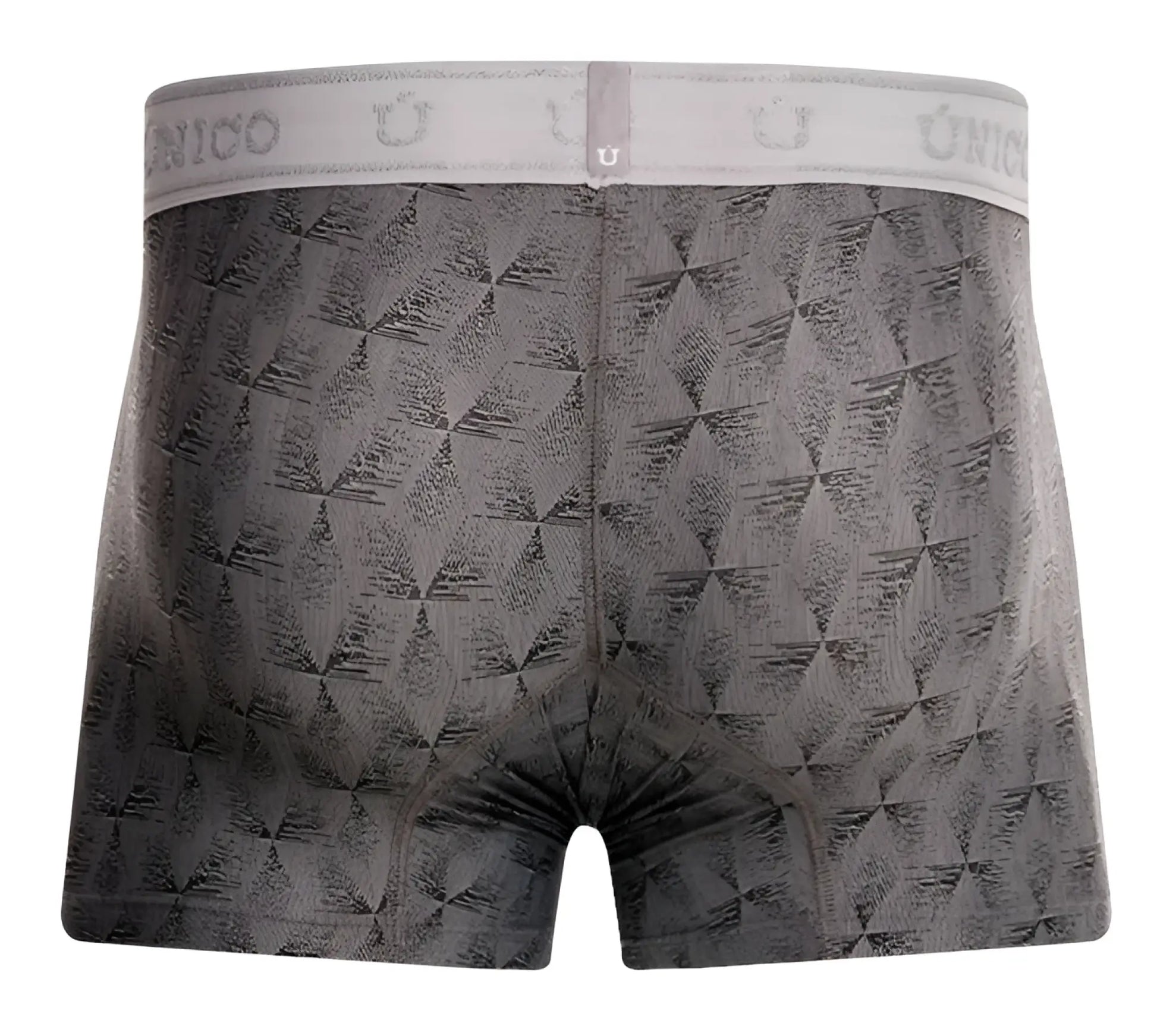 Gray unico boxer briefs with subtle geometric pattern and branded elastic waistband in color 59-gray front view