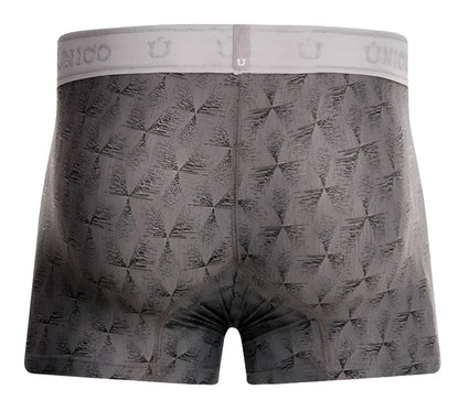 Gray unico boxer briefs with subtle geometric pattern and branded elastic waistband in color 59-gray front view