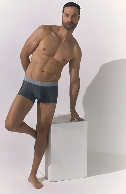 Dark gray unico 25050100103 chisell trunks with subtle textured pattern and solid light gray waistband