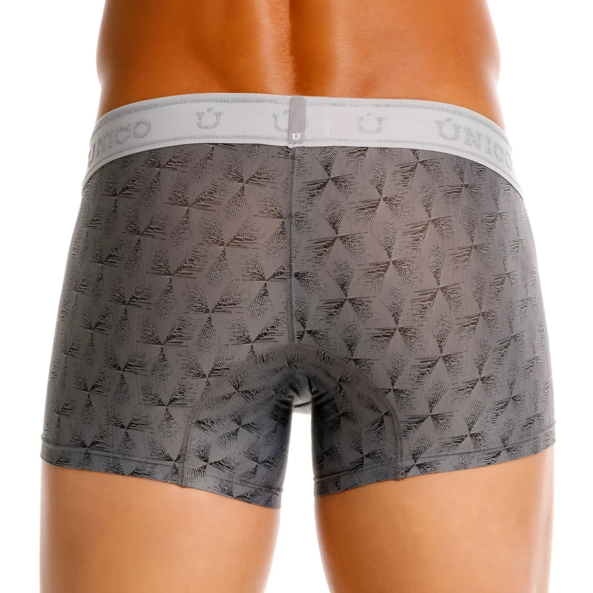 Gray patterned unico 25050100103 chisell trunks with white elastic waistband featuring unico brand name and logo