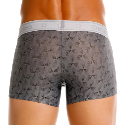 Gray patterned unico 25050100103 chisell trunks with white elastic waistband featuring unico brand name and logo