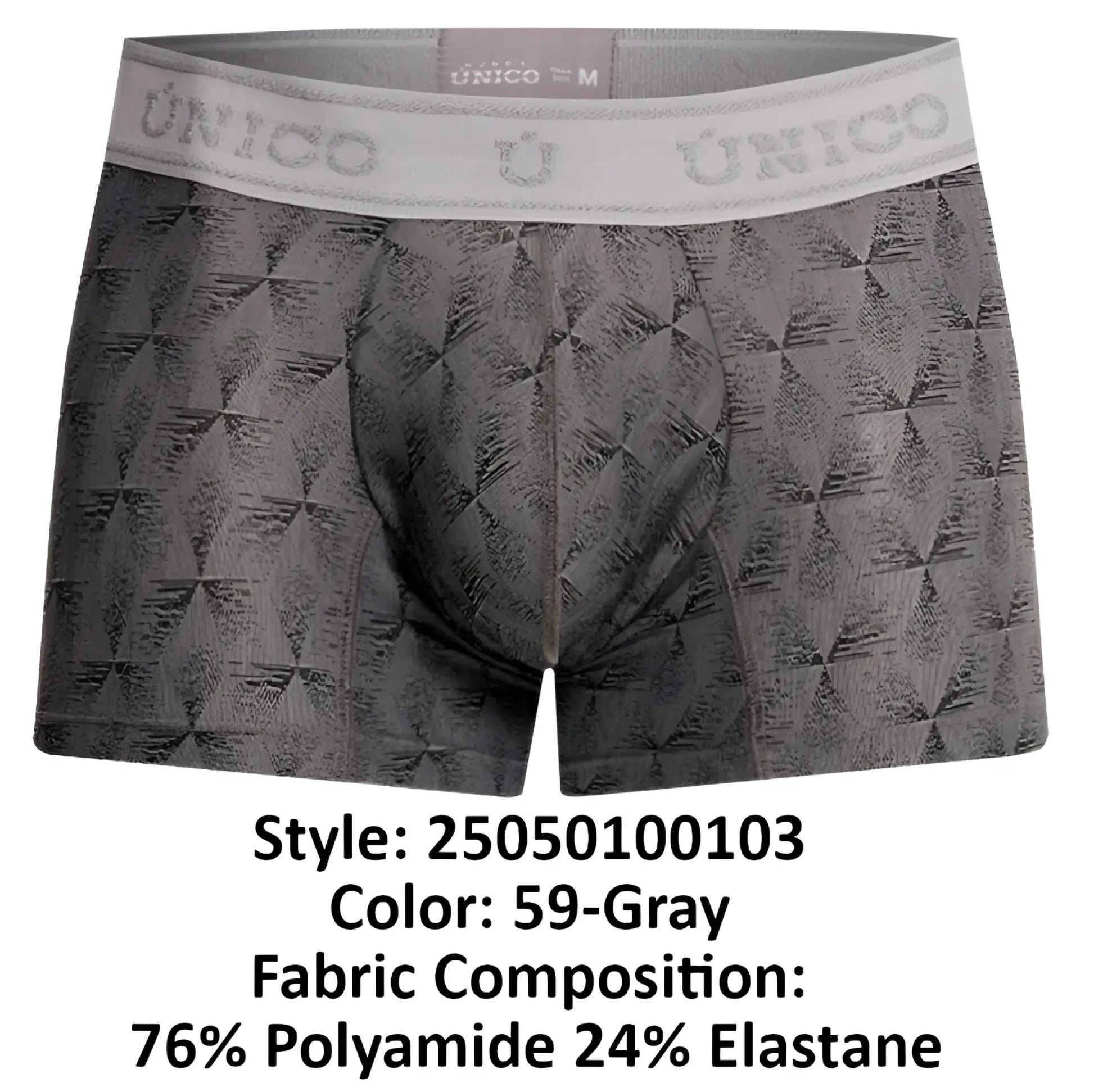 Unico 25050100103 Chisell trunks gray men’s boxer briefs with subtle geometric pattern and branded elastic waistband