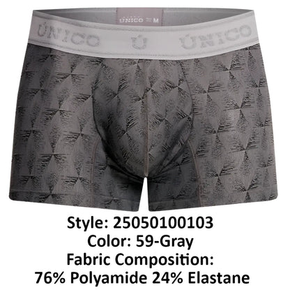 Unico 25050100103 Chisell trunks gray men’s boxer briefs with subtle geometric pattern and branded elastic waistband