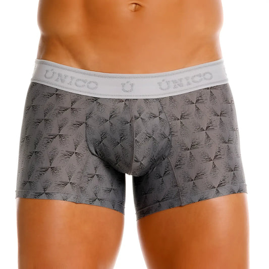 Gray patterned men’s boxer briefs with white único elastic waistband in Unico 25050100103 Chisell trunks color 59-gray