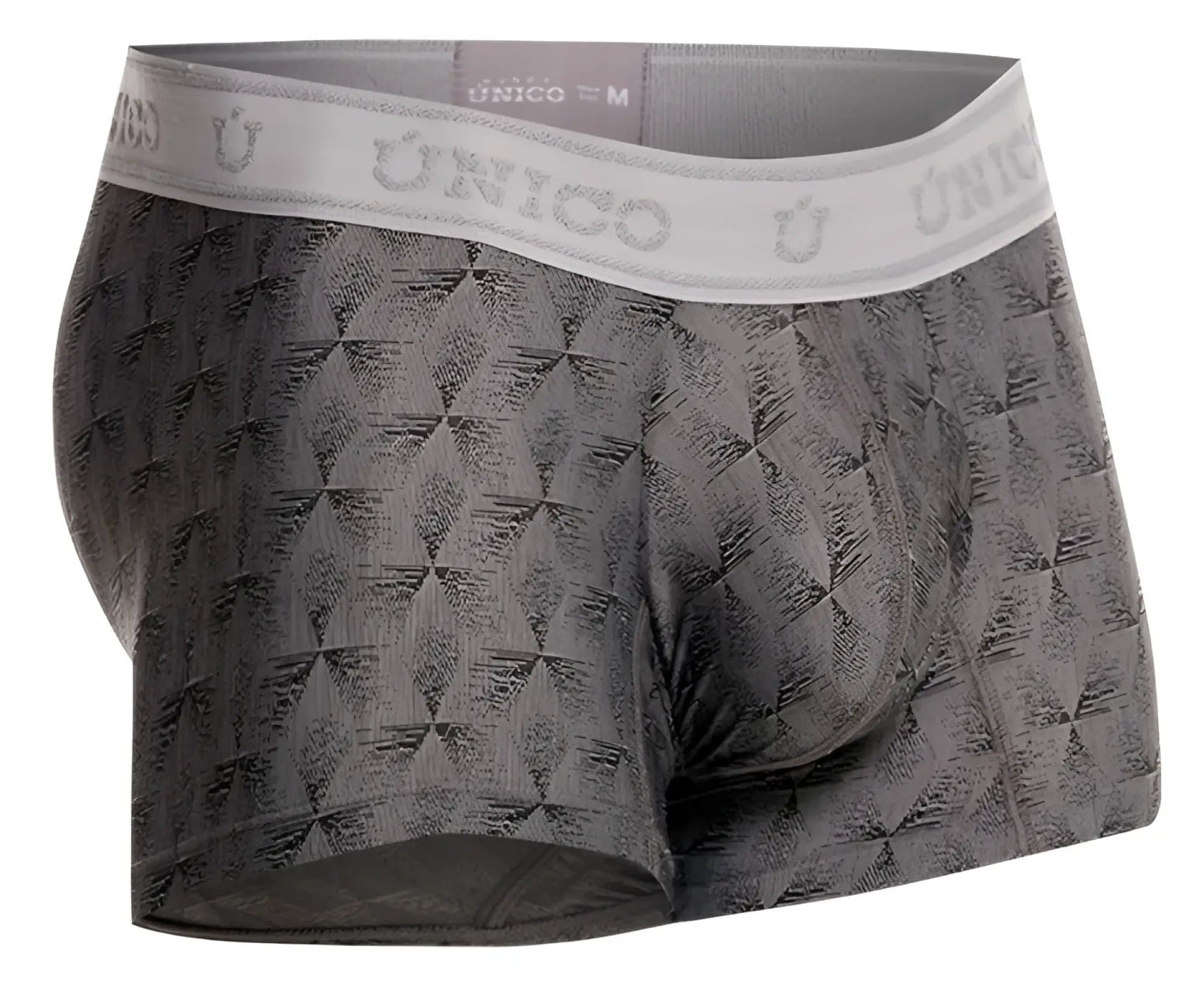 Gray patterned men’s boxer briefs with white unico elastic waistband in unico 25050100103 chisell trunks color 59-gray