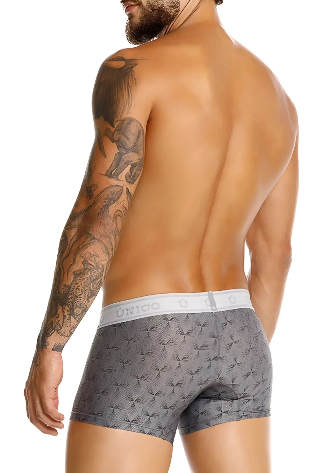 Gray patterned uniqo trunks with white elastic waistband featured in unico 25050100103 chisell color 59-gray