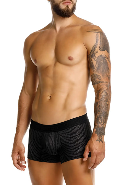 Black Unico 25050100104 Zelmur trunks with subtle zebra-striped pattern and elastic waistband with logo