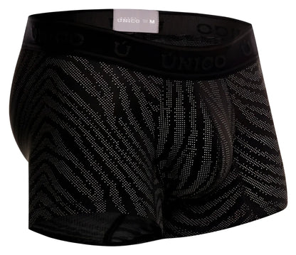 Black unico mens boxer briefs with subtle gray zigzag pattern and dotted texture in zelmur trunks color 99-black