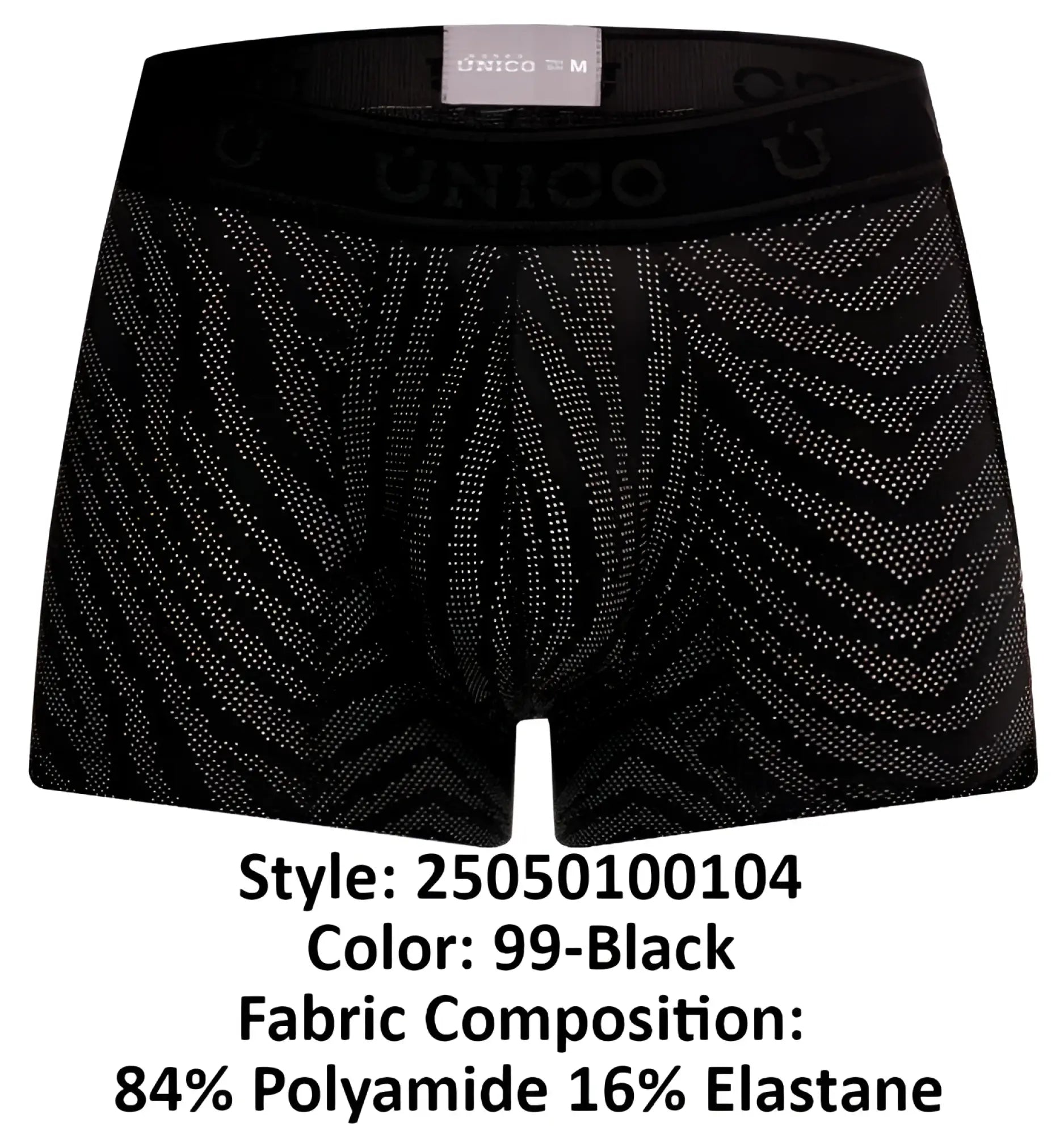 Black unico men’s boxer briefs with subtle geometric dot pattern and elastic waistband in color 99-black
