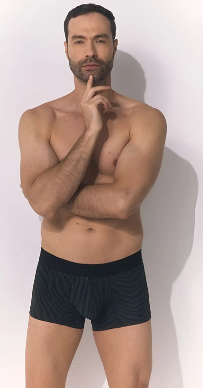 Unico zelmur trunks men’s boxer briefs in black with a black patterned fabric and solid black waistband
