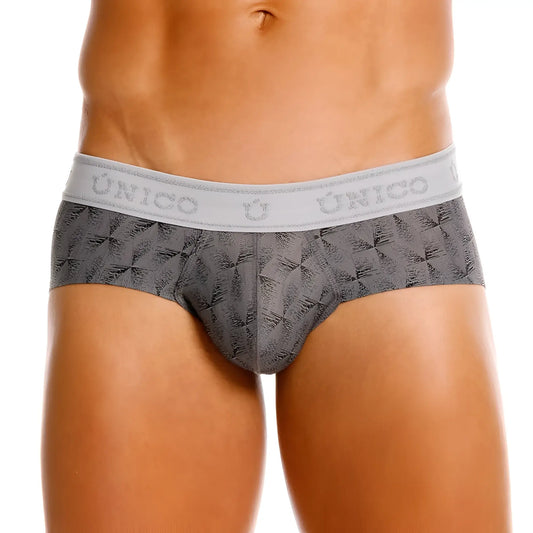 Gray patterned men’s briefs with light gray waistband featuring único brand name modelo 25050101103 chisell briefs