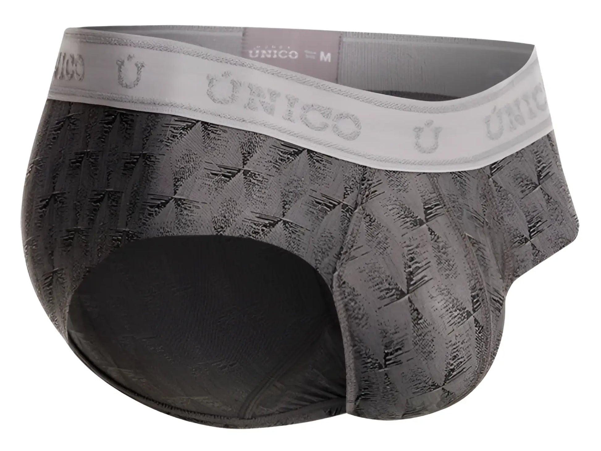 Gray patterned unico 25050101103 chisell briefs feature a textured geometric design and elastic waistband for comfort