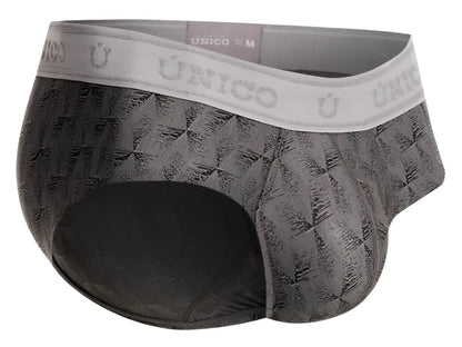 Gray patterned unico 25050101103 chisell briefs feature a textured geometric design and elastic waistband for comfort