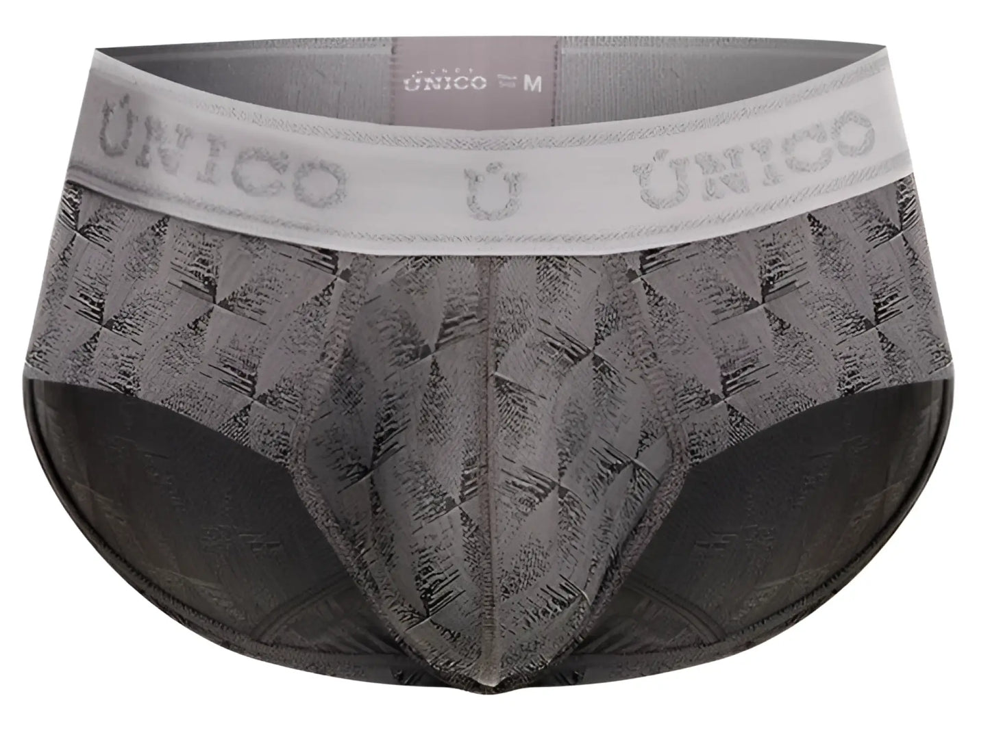 Gray patterned men’s Unico 25050101103 Chisell briefs with white waistband featuring the Unico brand name