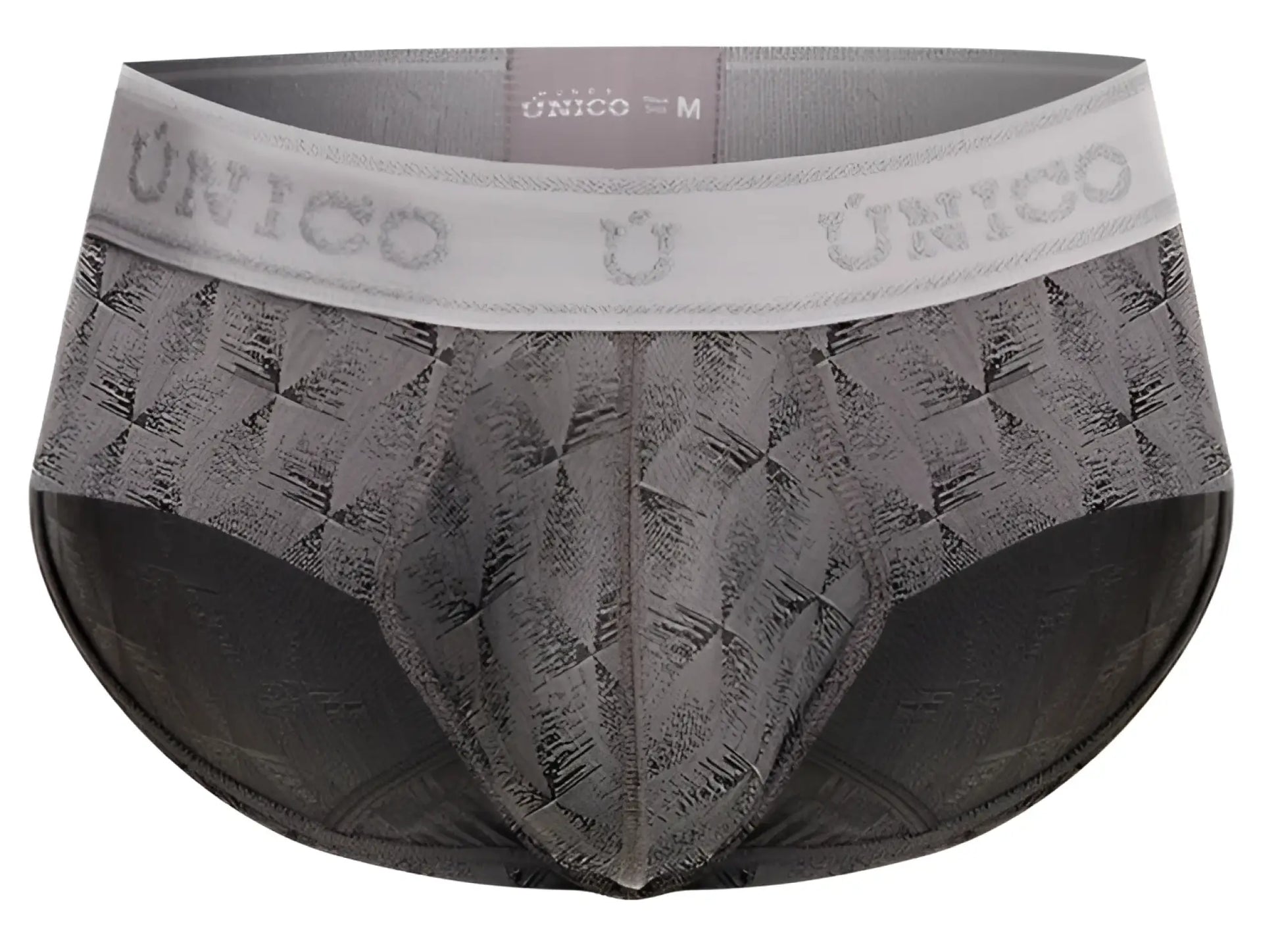 Gray patterned men’s Unico 25050101103 Chisell briefs with white waistband featuring the Unico brand name