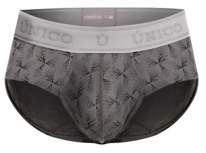 Gray patterned men’s Unico 25050101103 Chisell briefs with white waistband featuring the Unico brand name