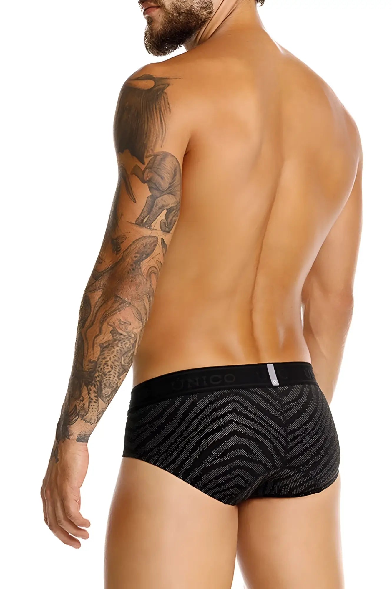 Unico 25050101104 Zelmur briefs in black with gray zigzag pattern and black elastic waistband branded unico