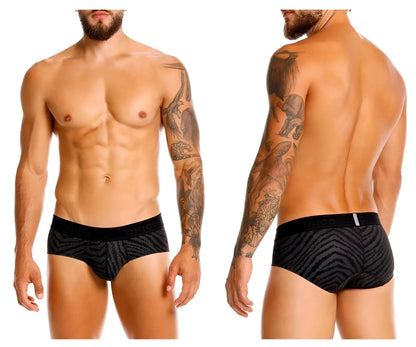 Black and gray zebra-striped men’s Unico Zelmur briefs with a black elastic waistband featuring the nico brand name