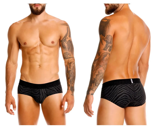 Black and gray zebra-striped men’s Unico Zelmur briefs with a black elastic waistband featuring the nico brand name