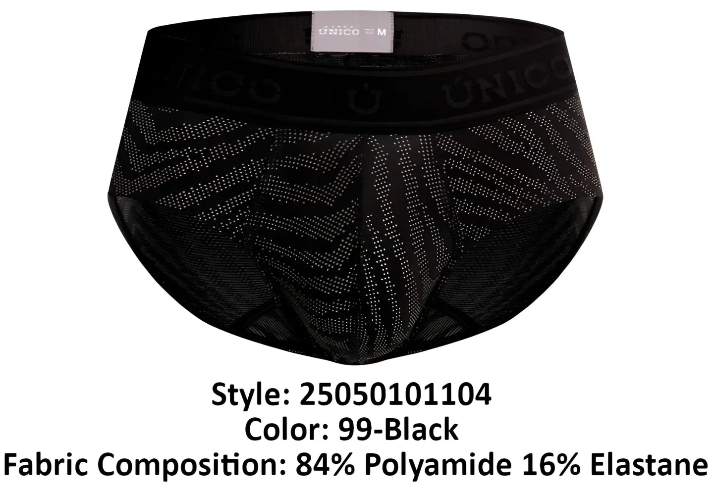 Black unico zelmur briefs with subtle geometric pattern and elastic waistband in color 99-black front view