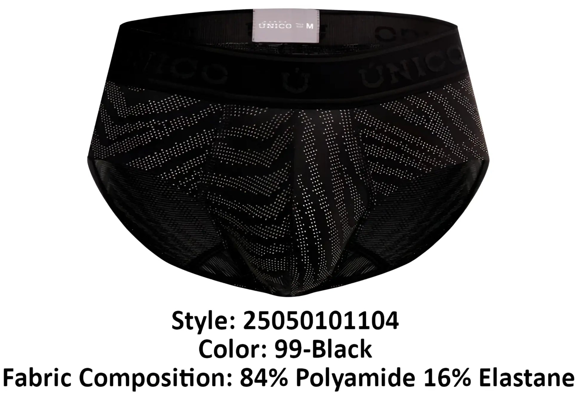 Black unico zelmur briefs with subtle geometric pattern and elastic waistband in color 99-black front view
