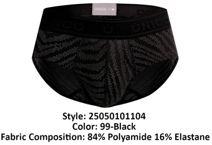 Black unico zelmur briefs with subtle geometric pattern and elastic waistband in color 99-black front view