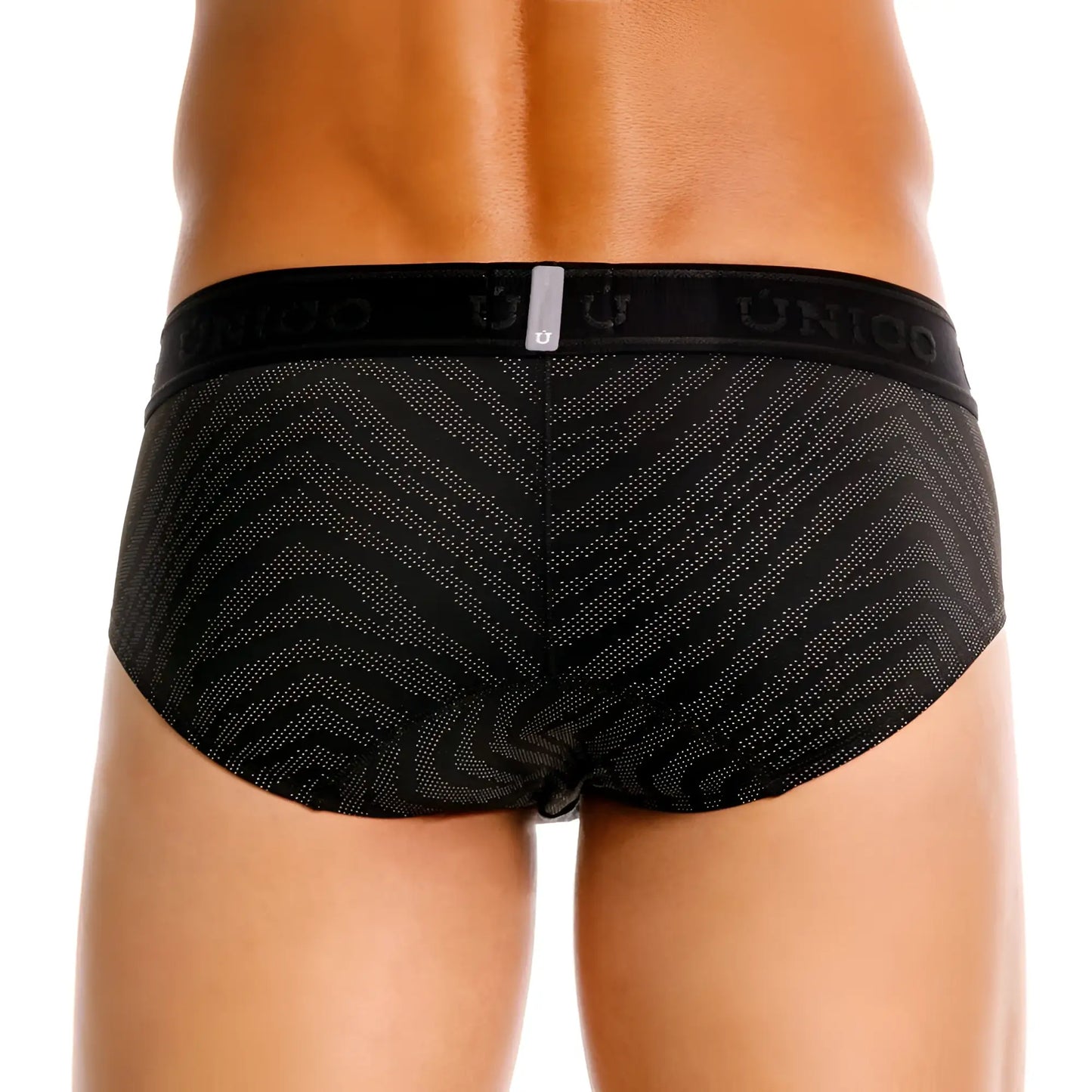 Black unico men’s briefs with subtle geometric pattern, silver dots, and branded elastic waistband color 99 black