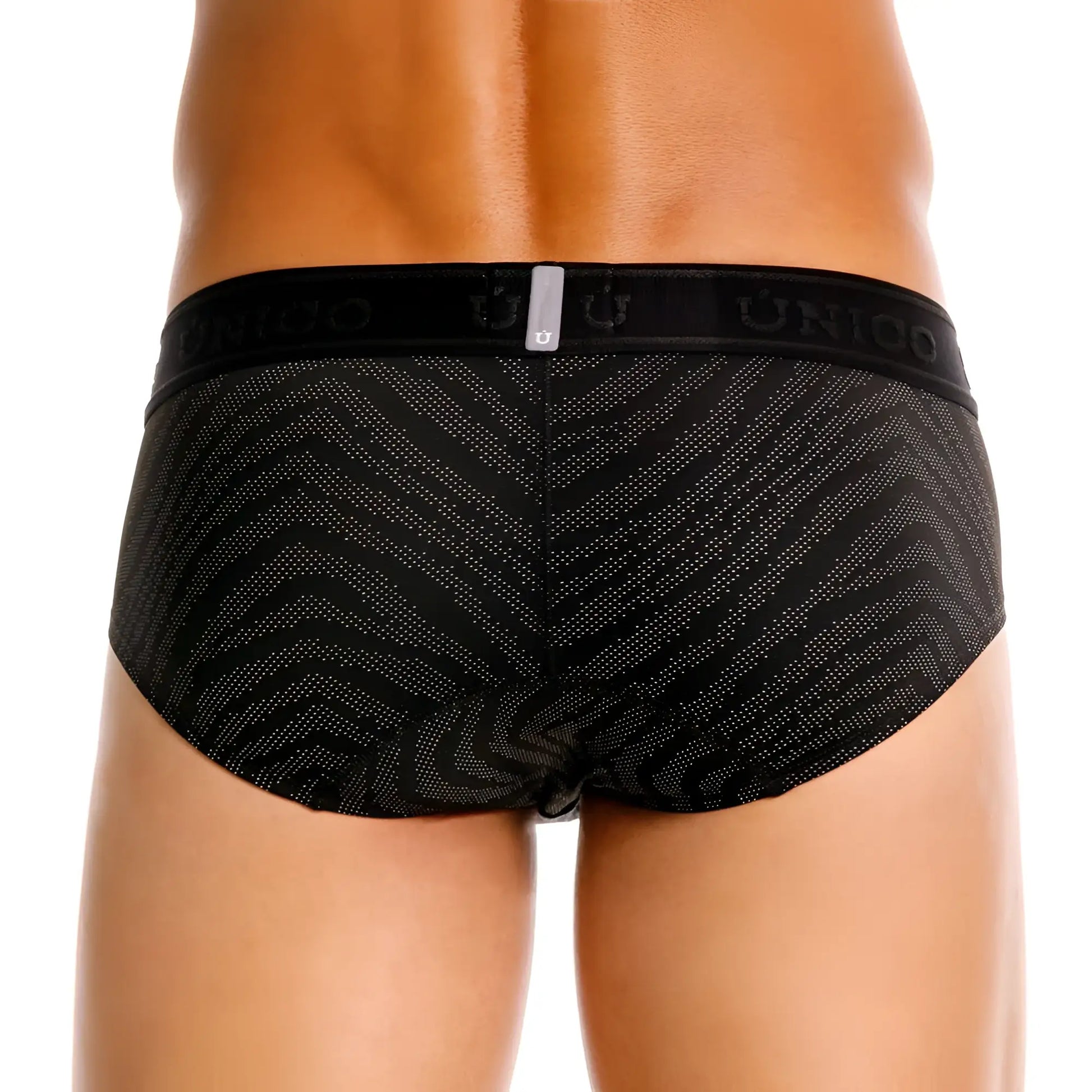 Black unico men’s briefs with subtle geometric pattern, silver dots, and branded elastic waistband color 99 black