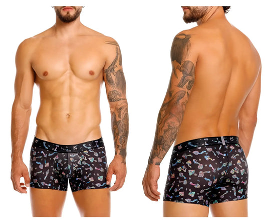 Black unico 25060100103 hongos trunks boxer briefs with playful colorful abstract shapes and pastel hues