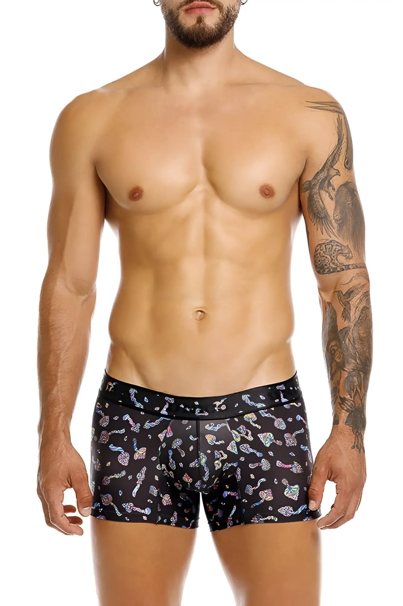 Black unico 25060100103 hongos trunks boxer briefs with playful iridescent colorful abstract shapes on black fabric