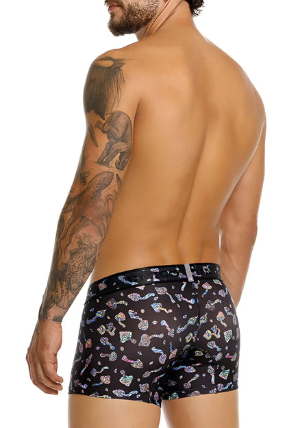 Black unico 25060100103 hongos trunks boxer briefs feature vibrant iridescent abstract shapes and colorful accents