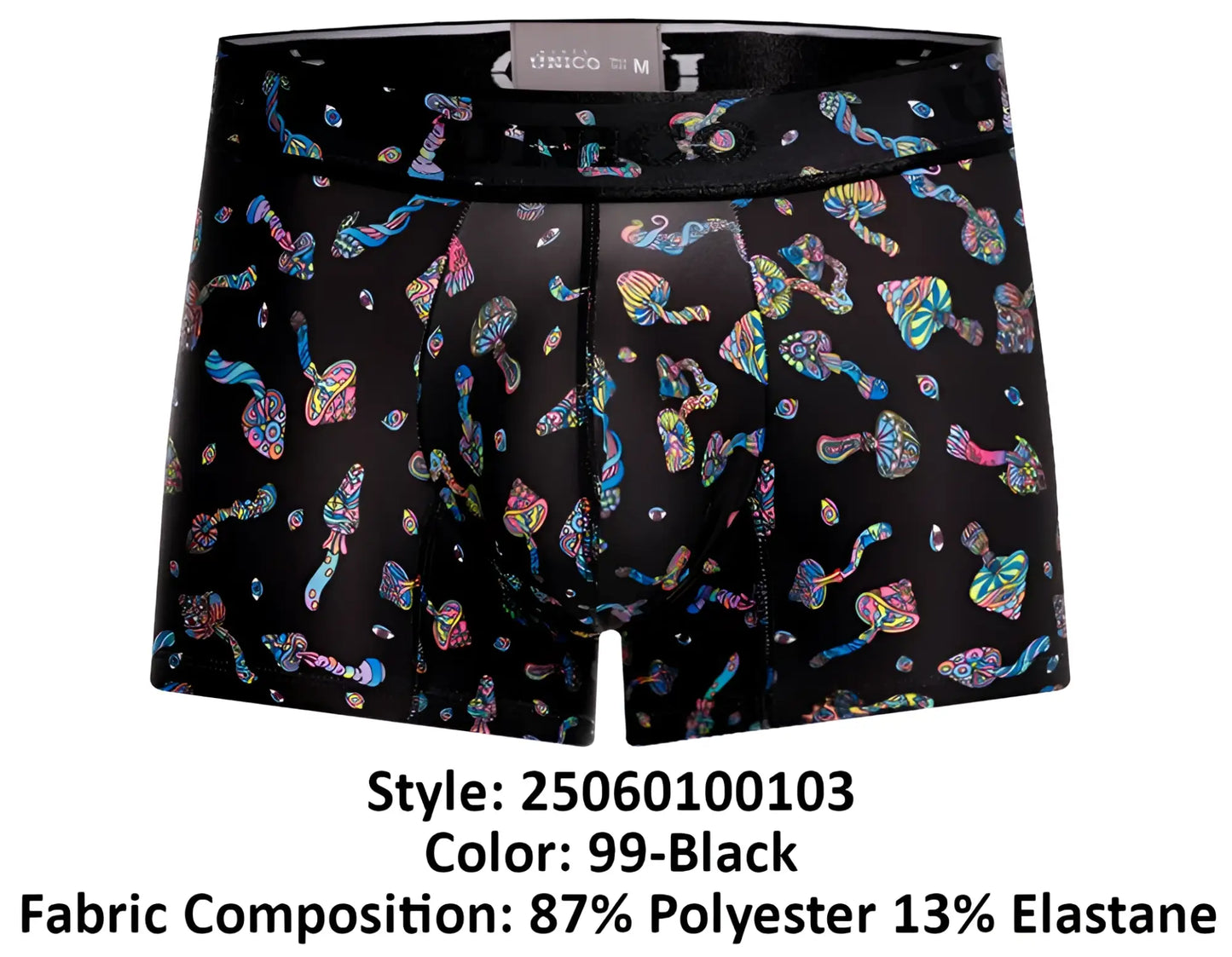 Black unico men’s boxer briefs in vibrant iridescent mushroom pattern color 99 black model 25060100103 hongos trunks