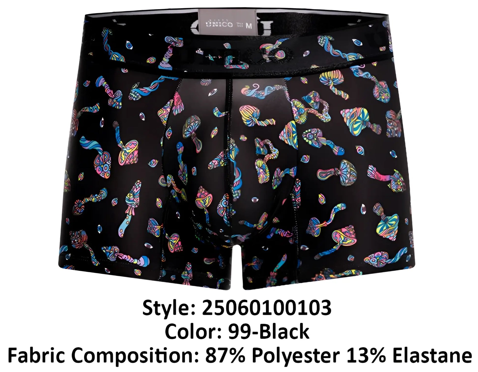 Black unico men’s boxer briefs in vibrant iridescent mushroom pattern color 99 black model 25060100103 hongos trunks