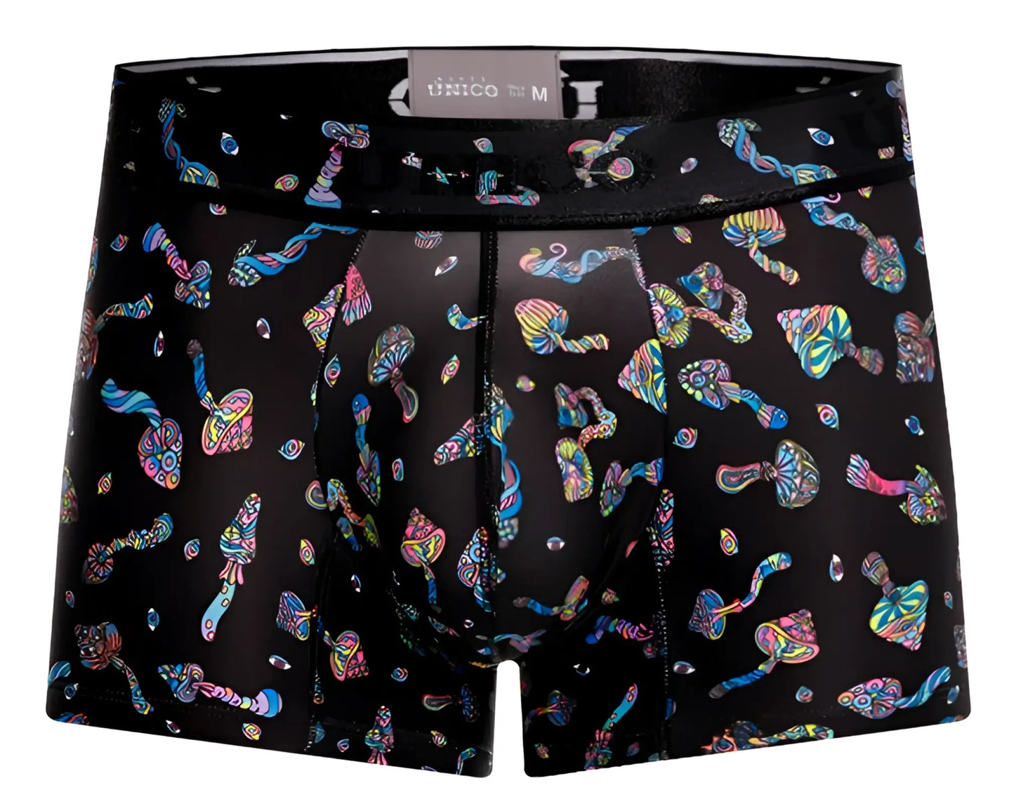 Black unico 25060100103 hongos trunks men’s boxer briefs with vibrant psychedelic mushroom pattern in iridescent hues