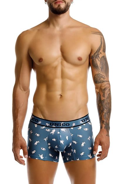Blue unico boxer briefs with playful white chihuahua dog pattern featuring soft breathable fabric for everyday comfort