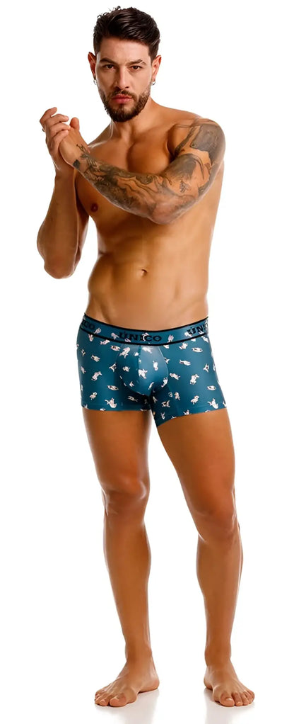 Teal boxer briefs with a white bird pattern and unico brand waistband in color 43-blue chihuahua trunks model 25060100104