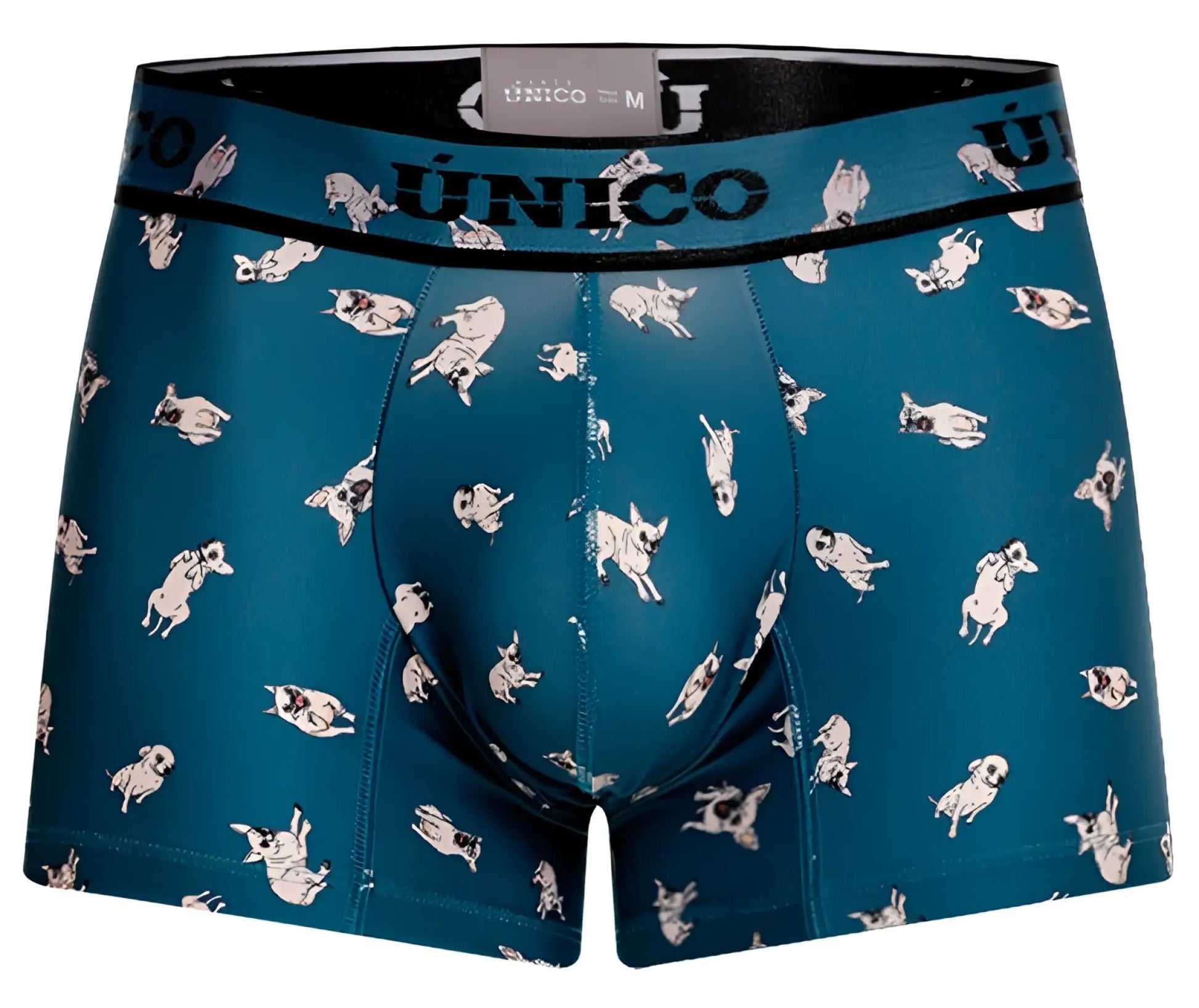 Teal unico 25060100104 boxer briefs with playful white and black pugs pattern and unico branded waistband in blue