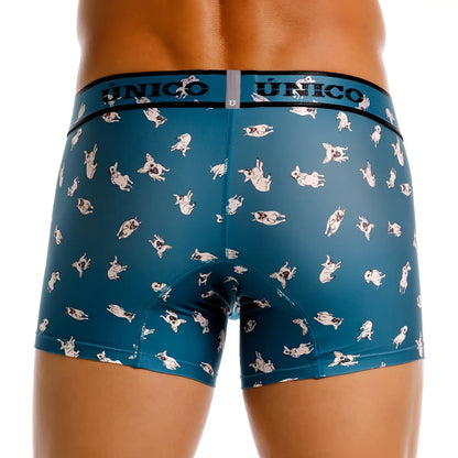 Teal unico boxer briefs with playful white pug dog pattern in various poses for comfortable everyday wear