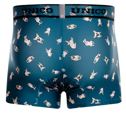 Teal unico 25060100104 chihuahua trunks boxer briefs with playful white and black pug dog pattern and unico waistband