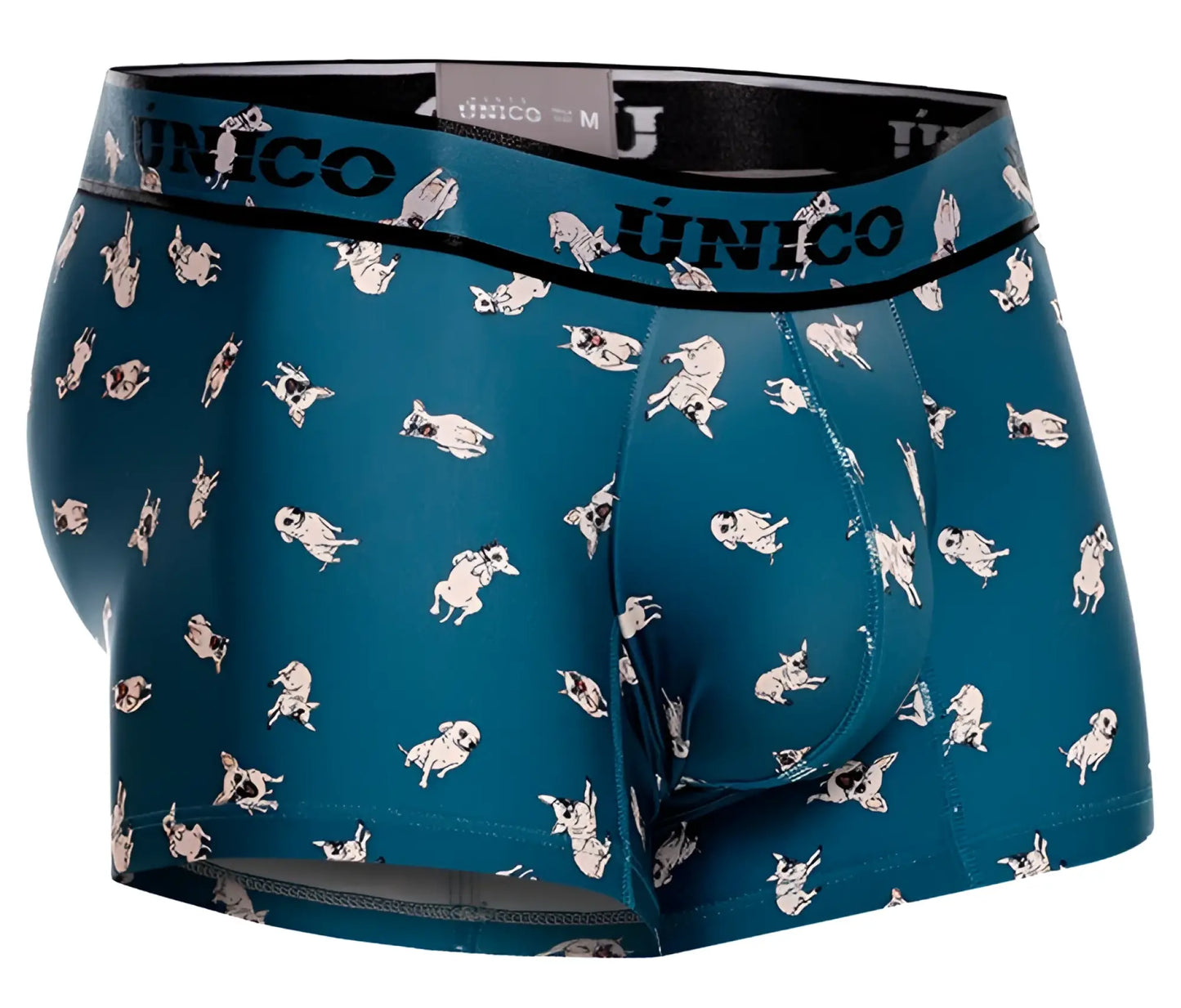 Teal men’s boxer briefs with playful white and black cartoon pugs and unico branded waistband in color 43 blue