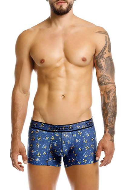 Unico 25060100106 pacer trunks blue boxer briefs with yellow and white abstract shapes and banco waistband branding