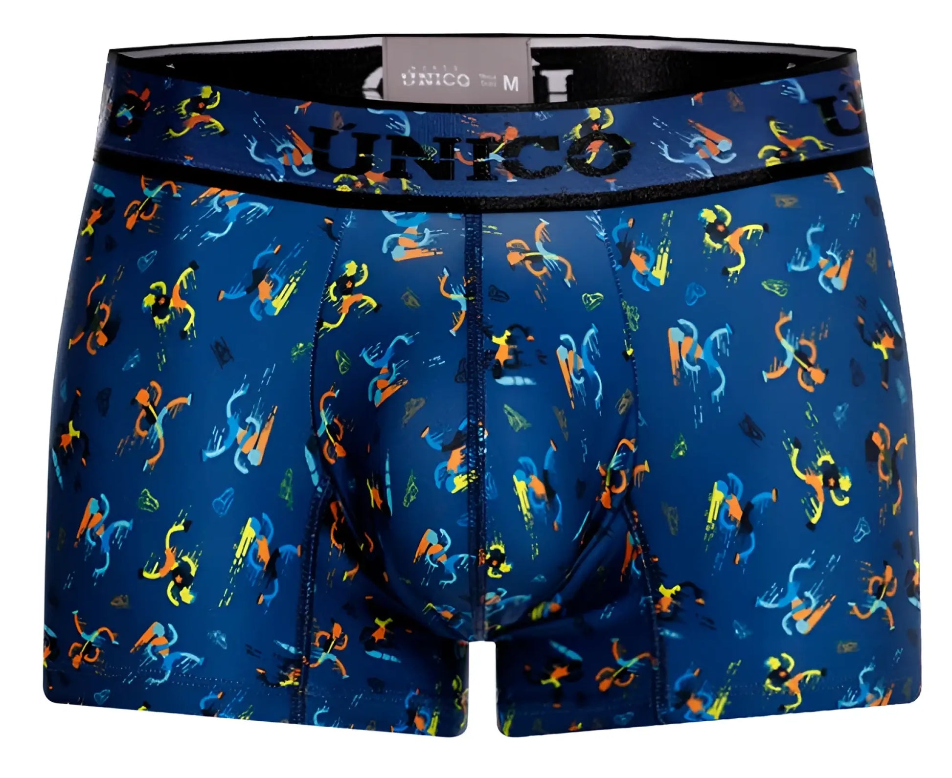 Blue unico men’s boxer briefs with vibrant orange and yellow abstract pattern in pacer trunks color 46-blue