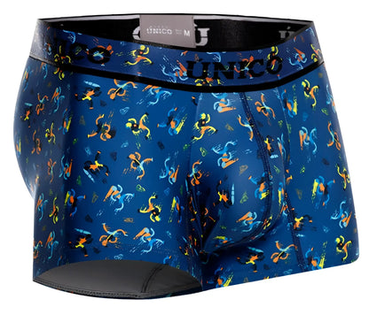 Blue unico men’s boxer briefs with vibrant orange yellow and cyan abstract figures on deep blue fabric pacer trunks