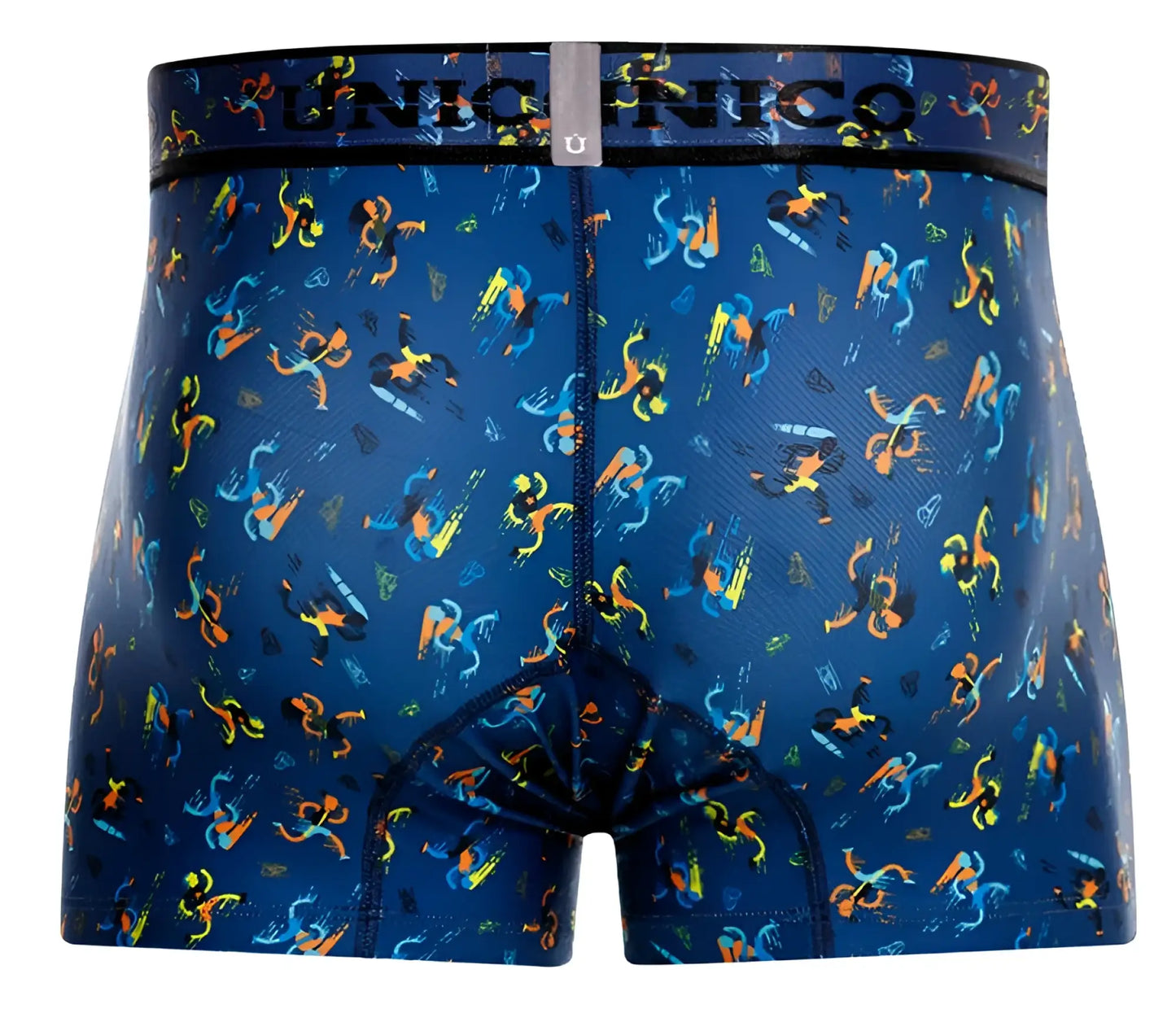 Blue unico 25060100106 pacer trunks boxer briefs with vibrant yellow and orange abstract pattern on dark blue fabric