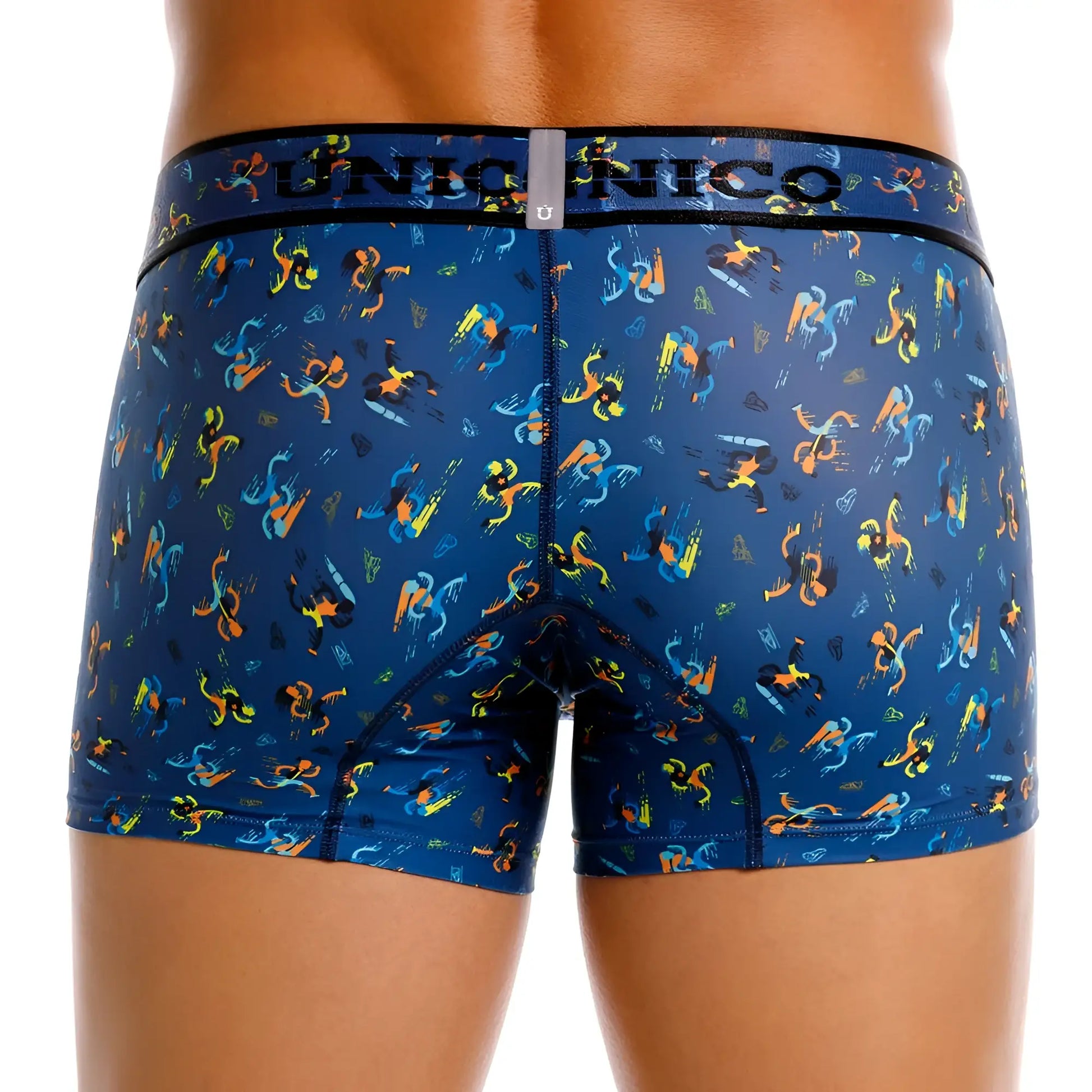 Blue Unico 25060100106 Pacer trunks boxer briefs with vibrant abstract orange yellow and teal figures pattern