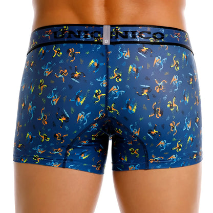 Blue Unico 25060100106 Pacer trunks boxer briefs with vibrant abstract orange yellow and teal figures pattern