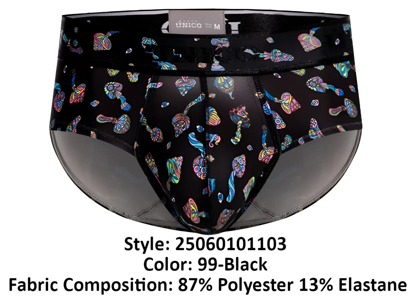 Black unico 25060101103 hongos men’s briefs with vibrant iridescent mushroom pattern on black fabric