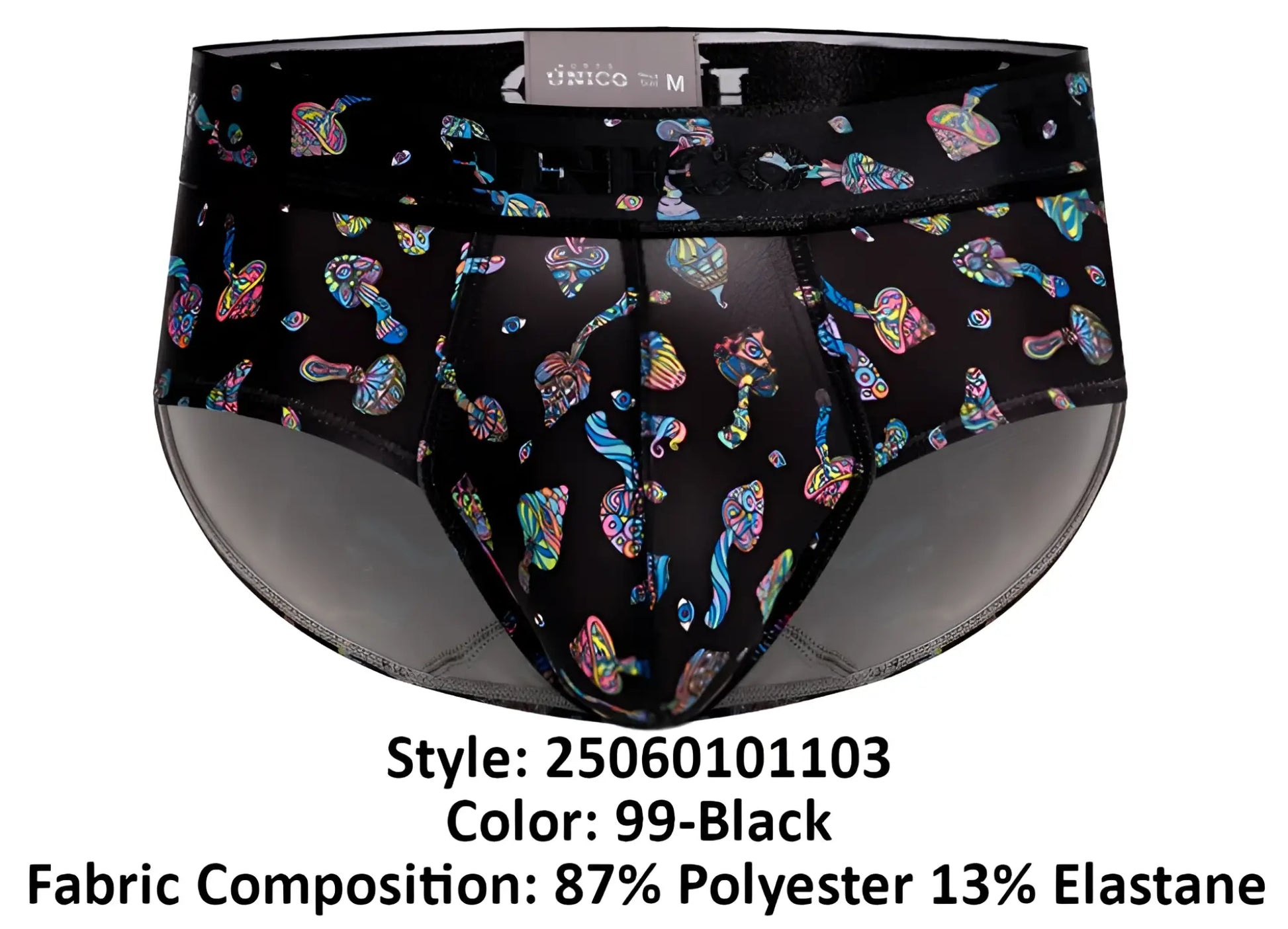 Black unico 25060101103 hongos men’s briefs with vibrant iridescent mushroom pattern on black fabric