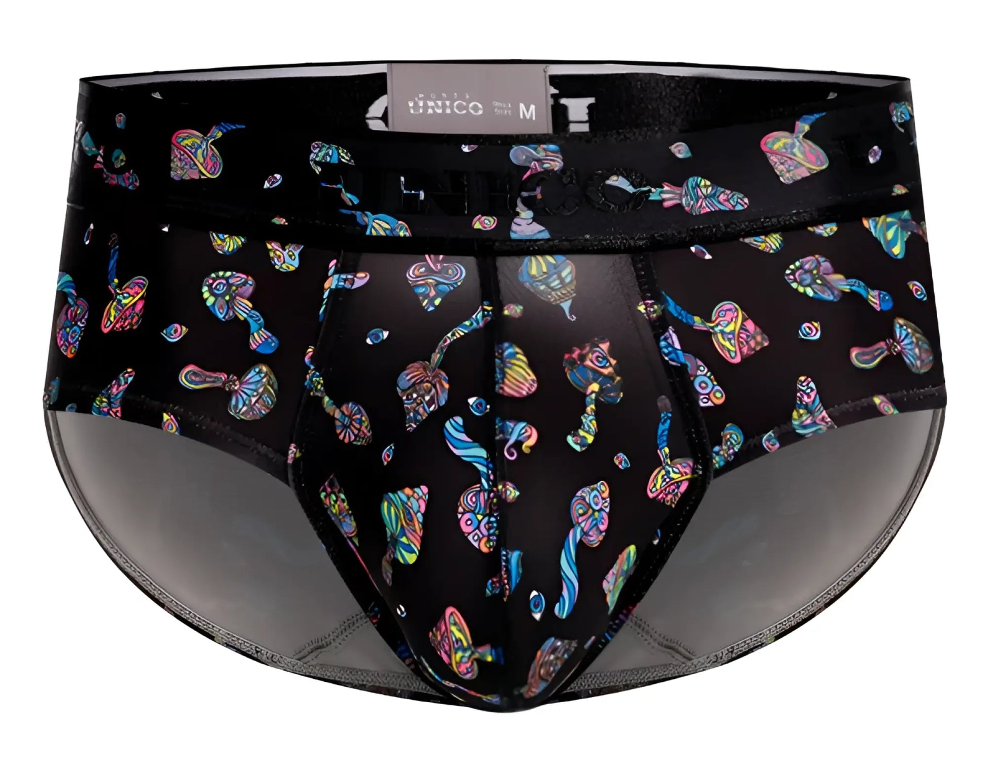 Black unico 25060101103 hongos men’s briefs with vibrant iridescent mushroom pattern on soft fabric